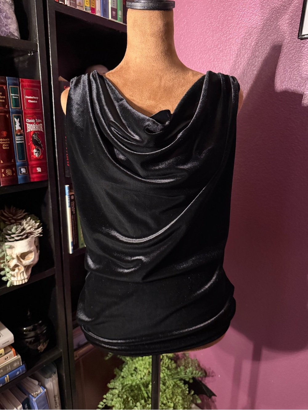 Black Draped Satiny Velvet Cowl Neck Women’s Top. Dark academia, goth, whimsy